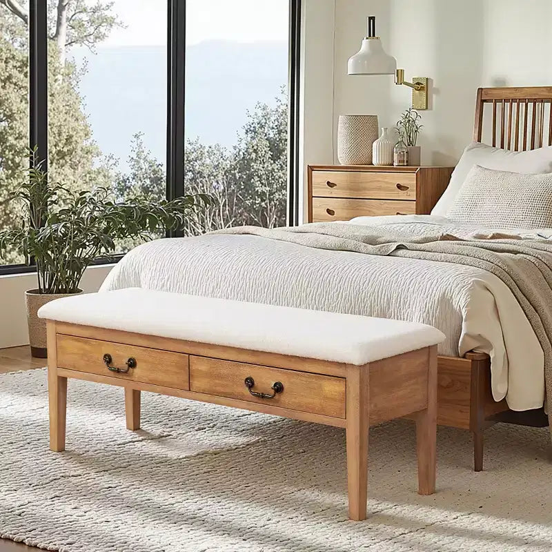 Banc de rangement capitonné avec pieds en bois massif et compartiments cachés