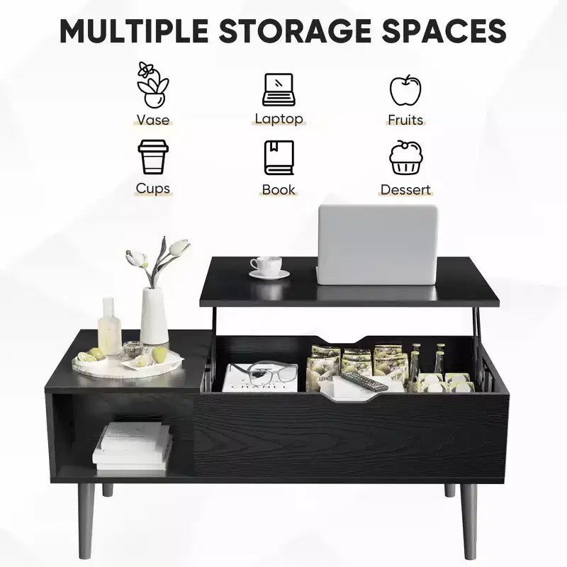 Table basse relevable avec rangement dissimulé et étagères latérales, noire
