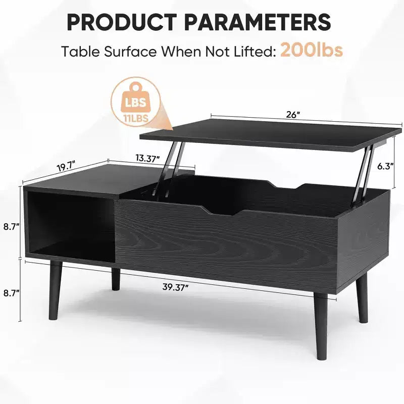 Table basse relevable avec rangement dissimulé et étagères latérales, noire