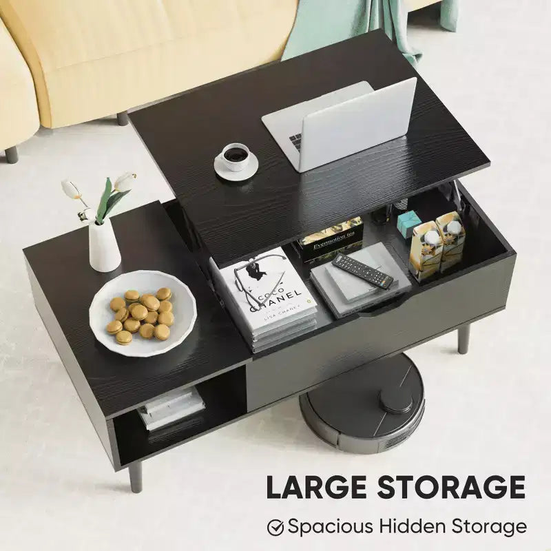 Table basse relevable avec rangement dissimulé et étagères latérales, noire