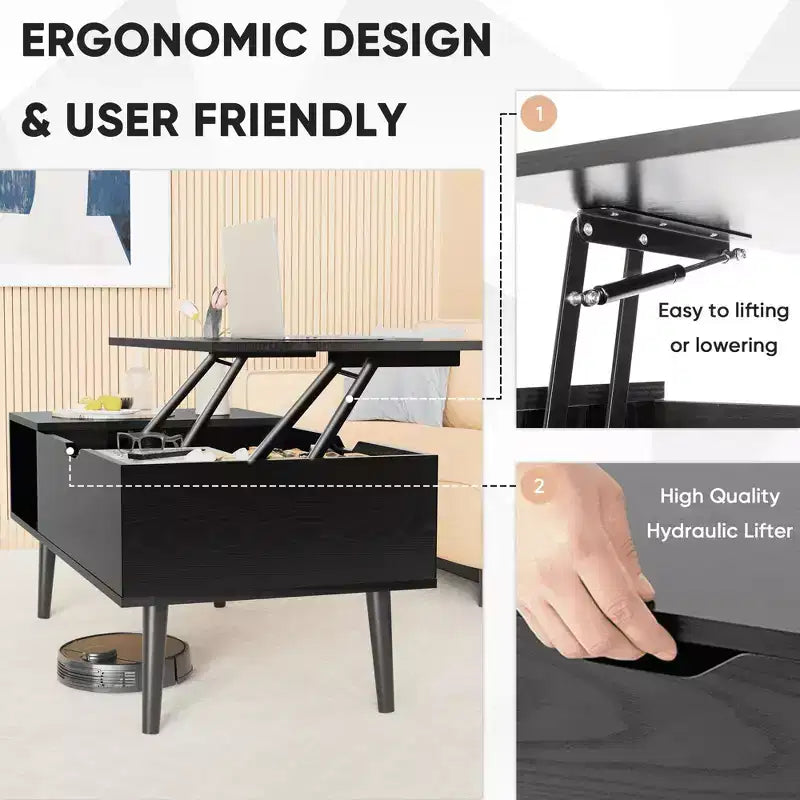 Table basse relevable avec rangement dissimulé et étagères latérales, noire