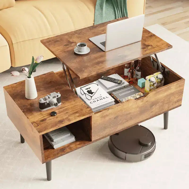 Table basse relevable avec rangement dissimulé et étagères latérales, noire