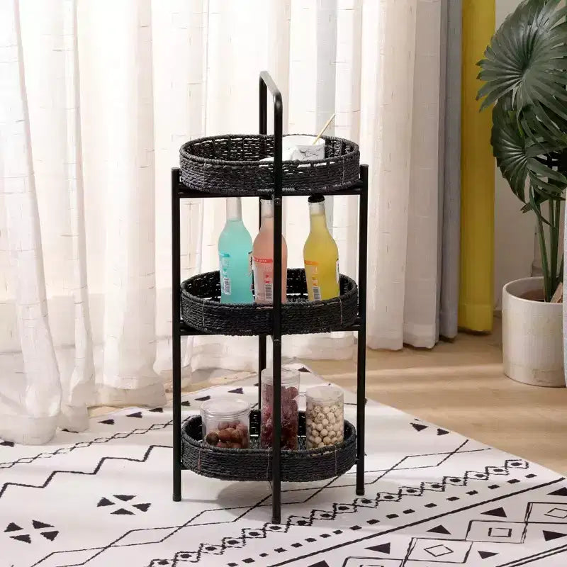 Table d'appoint à 3 niveaux en corde de papier tressée, panier de rangement ovale, étagères pour salon, cuisine, noir