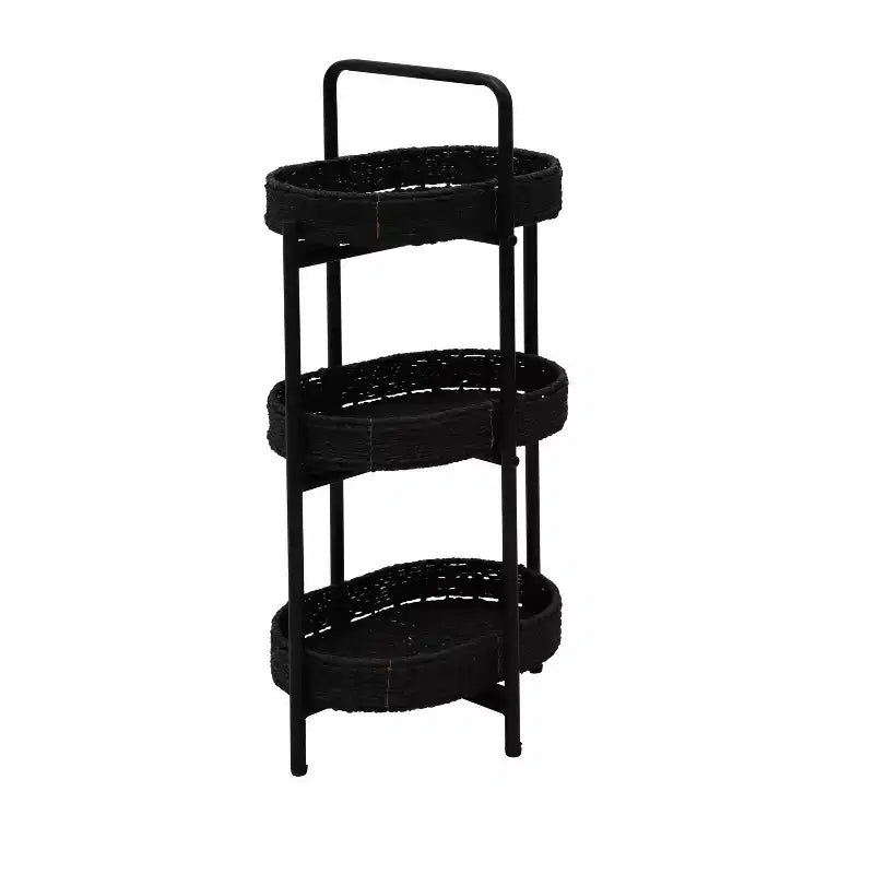 Table d'appoint à 3 niveaux en corde de papier tressée, panier de rangement ovale, étagères pour salon, cuisine, noir