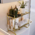 Organisateur de comptoir de salle de bain à 2 niveaux, étagère de rangement sans perçage au-dessus des toilettes avec porte-rouleau de papier toilette et crochets de suspension, organisateur de douche en métal antirouille