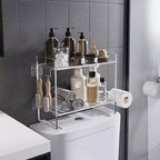 Organisateur de comptoir de salle de bain à 2 niveaux, étagère de rangement sans perçage au-dessus des toilettes avec porte-rouleau de papier toilette et crochets de suspension, organisateur de douche en métal antirouille
