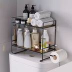 Organisateur de comptoir de salle de bain à 2 niveaux, étagère de rangement sans perçage au-dessus des toilettes avec porte-rouleau de papier toilette et crochets de suspension, organisateur de douche en métal antirouille