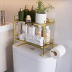 Organisateur de comptoir de salle de bain à 2 niveaux, étagère de rangement sans perçage au-dessus des toilettes avec porte-rouleau de papier toilette et crochets de suspension, organisateur de douche en métal antirouille