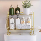 Organisateur de comptoir de salle de bain à 2 niveaux, étagère de rangement sans perçage au-dessus des toilettes avec porte-rouleau de papier toilette et crochets de suspension, organisateur de douche en métal antirouille