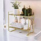 Organisateur de comptoir de salle de bain à 2 niveaux, étagère de rangement sans perçage au-dessus des toilettes avec porte-rouleau de papier toilette et crochets de suspension, organisateur de douche en métal antirouille