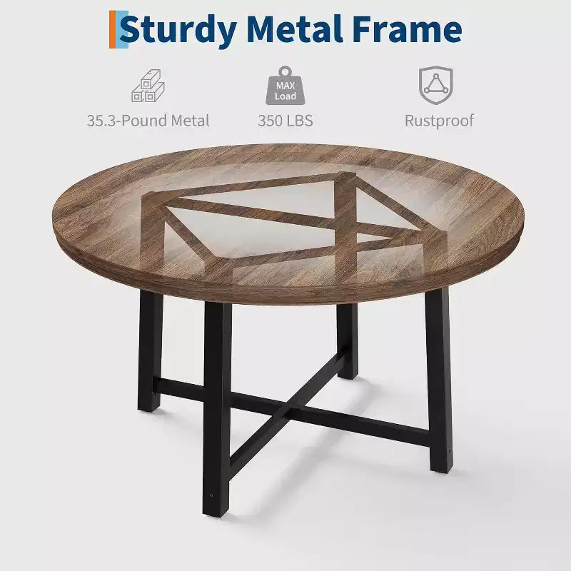 Table à Manger Ronde, Table de Salle à Manger Industrielle pour 4 à 6 Personnes, Table de Cuisine en Bois avec Cadre Métallique Robuste et Finition Rustique