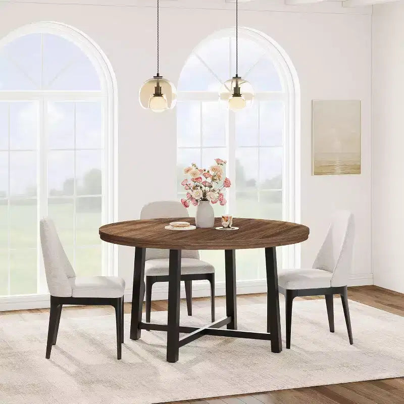 Table à Manger Ronde, Table de Salle à Manger Industrielle pour 4 à 6 Personnes, Table de Cuisine en Bois avec Cadre Métallique Robuste et Finition Rustique