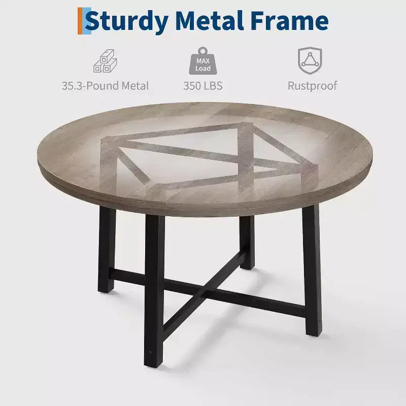 Table à Manger Ronde, Table de Salle à Manger Industrielle pour 4 à 6 Personnes, Table de Cuisine en Bois avec Cadre Métallique Robuste et Finition Rustique