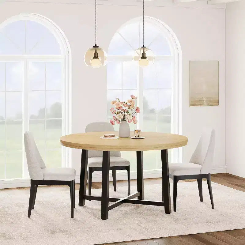 Table à Manger Ronde, Table de Salle à Manger Industrielle pour 4 à 6 Personnes, Table de Cuisine en Bois avec Cadre Métallique Robuste et Finition Rustique