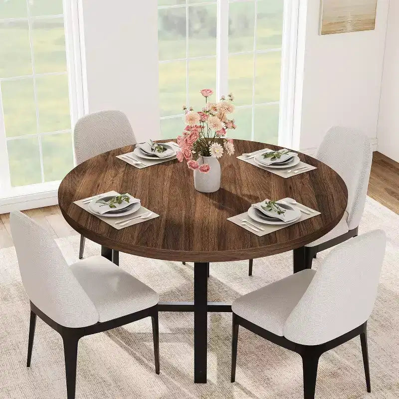 Table à Manger Ronde, Table de Salle à Manger Industrielle pour 4 à 6 Personnes, Table de Cuisine en Bois avec Cadre Métallique Robuste et Finition Rustique