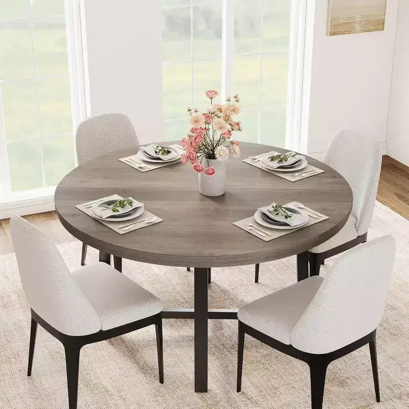 Table à Manger Ronde, Table de Salle à Manger Industrielle pour 4 à 6 Personnes, Table de Cuisine en Bois avec Cadre Métallique Robuste et Finition Rustique
