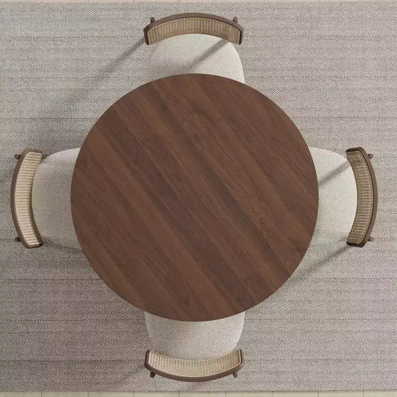 Table de salle à manger ronde en bois massif avec finition noyer et pieds arqués pour salles à manger et cuisines modernes