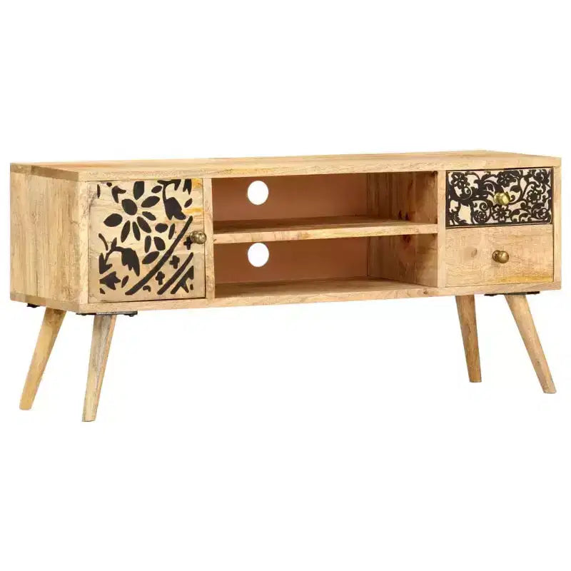 Meuble TV en bois de manguier massif avec accents noirs, finition naturelle