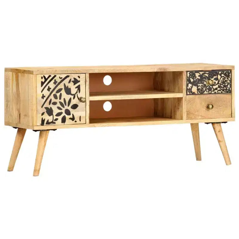 Meuble TV en bois de manguier massif avec accents noirs, finition naturelle