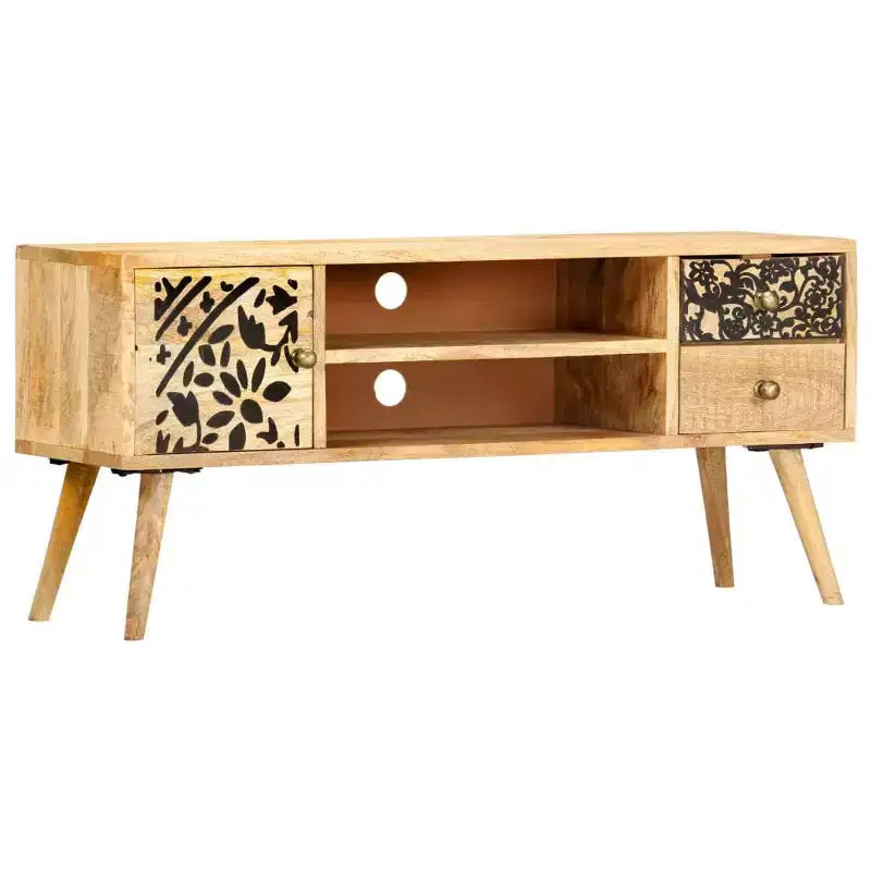 Meuble TV en bois de manguier massif avec accents noirs, finition naturelle