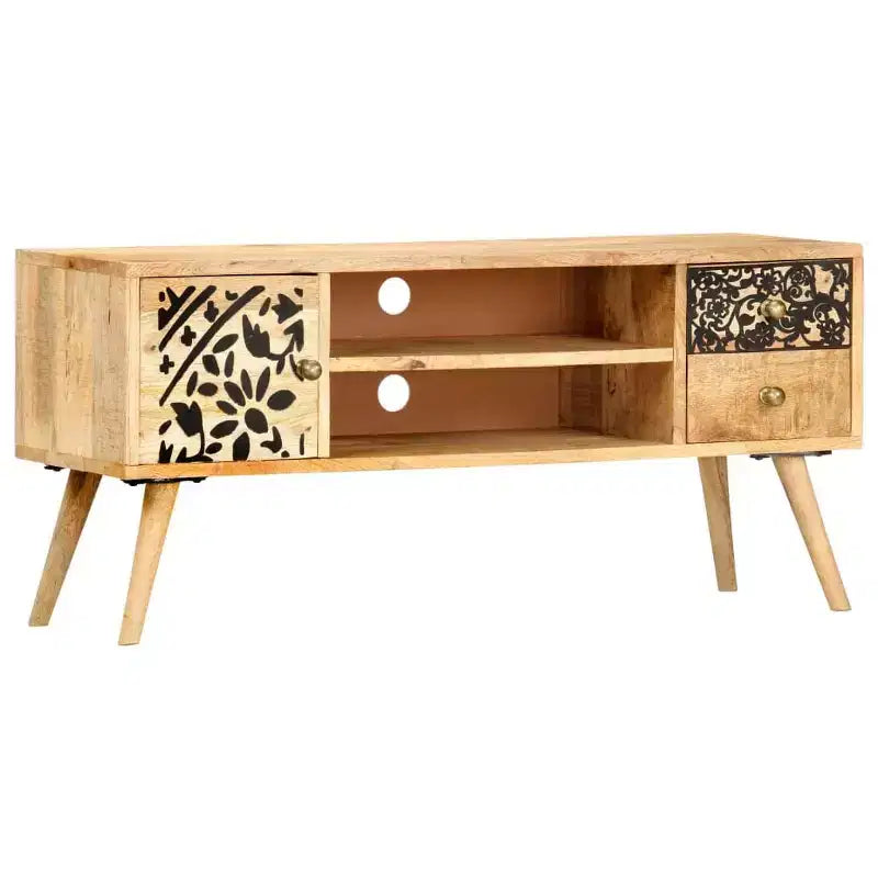 Meuble TV en bois de manguier massif avec accents noirs, finition naturelle