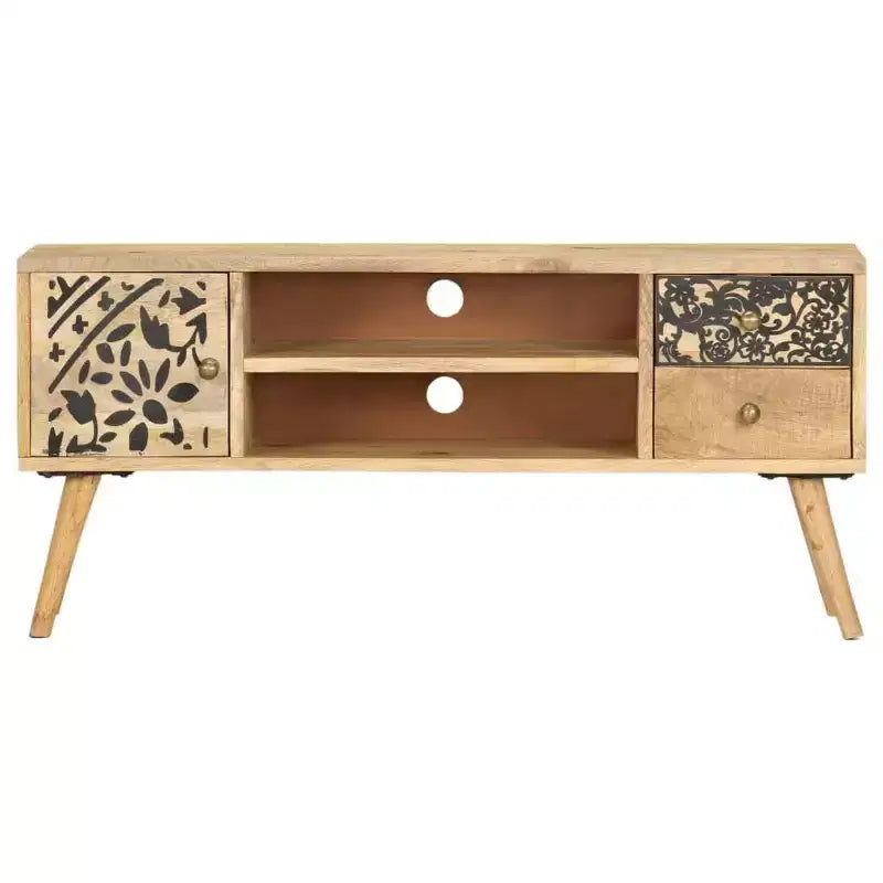 Meuble TV en bois de manguier massif avec accents noirs, finition naturelle