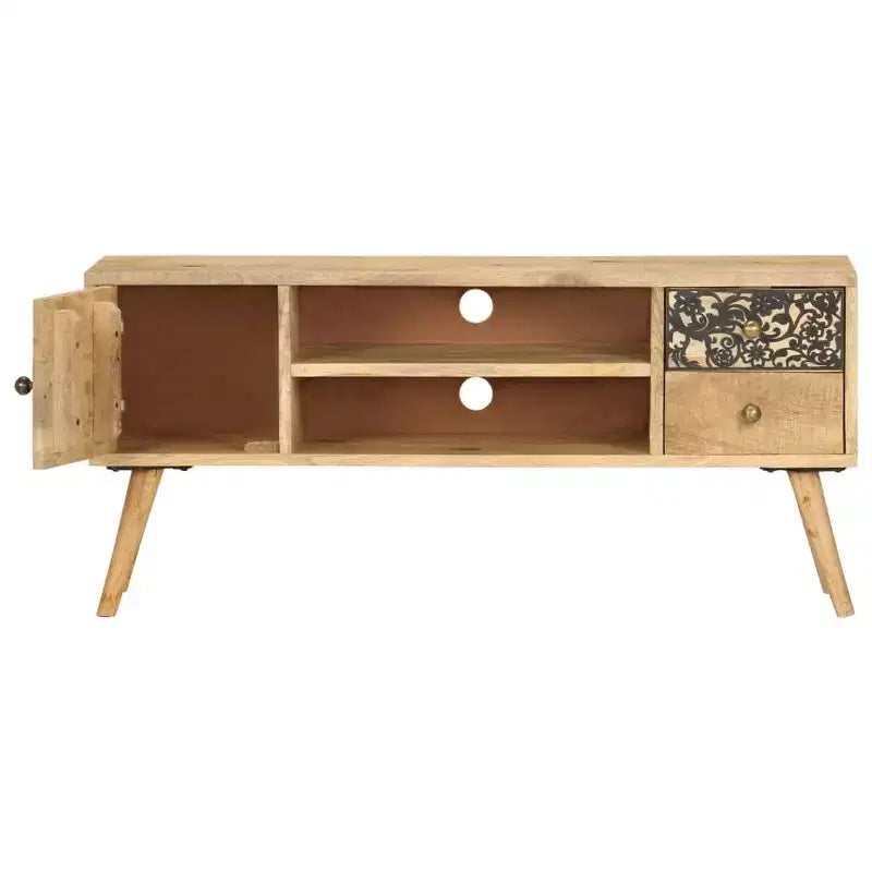 Meuble TV en bois de manguier massif avec accents noirs, finition naturelle