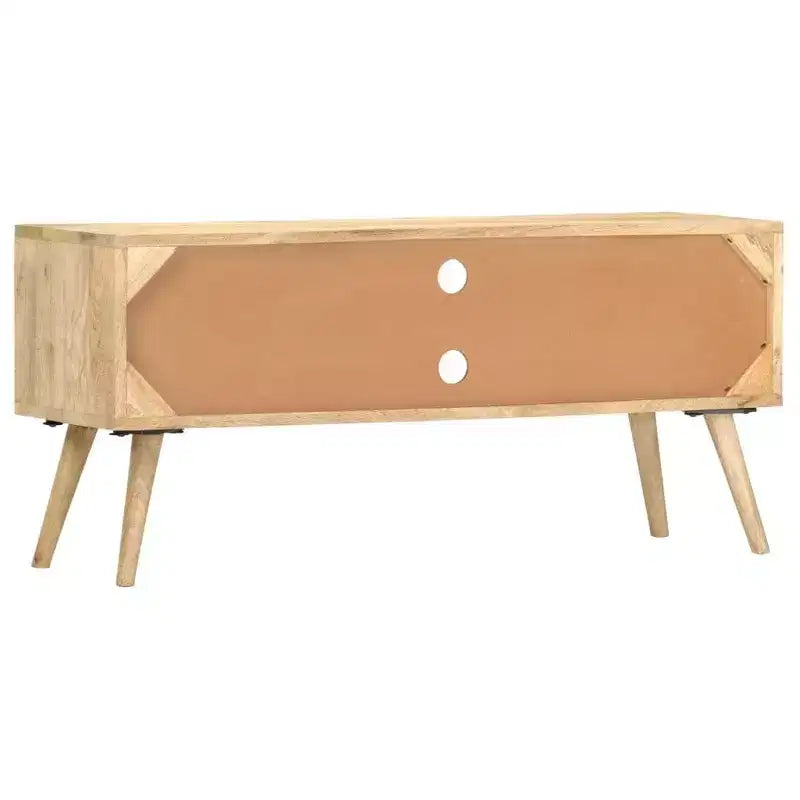 Meuble TV en bois de manguier massif avec accents noirs, finition naturelle