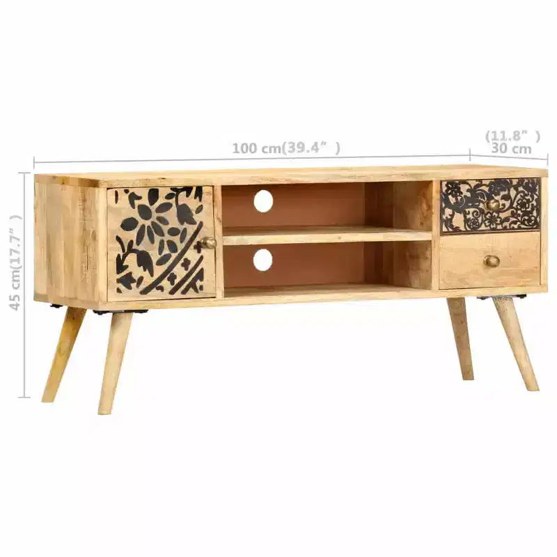 Meuble TV en bois de manguier massif avec accents noirs, finition naturelle