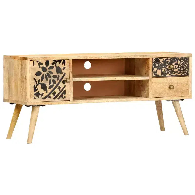 Meuble TV en bois de manguier massif avec accents noirs, finition naturelle