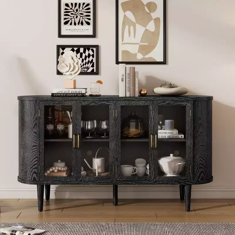 Bahut de Rangement avec Portes Vitrées et Étagères Réglables, Noir