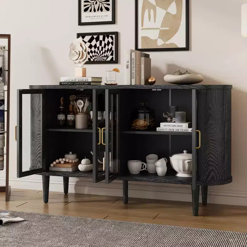 Bahut de Rangement avec Portes Vitrées et Étagères Réglables, Noir