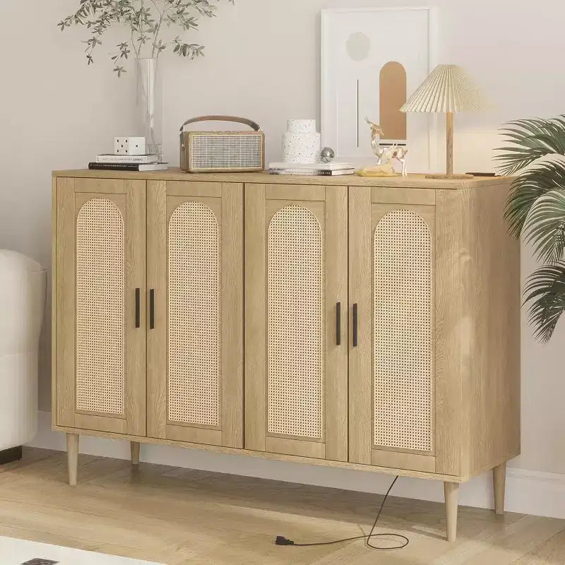 Bahut en rotin avec prise électrique, Meuble de rangement style bohème, Meuble de rangement 4 portes pour salle à manger et salon