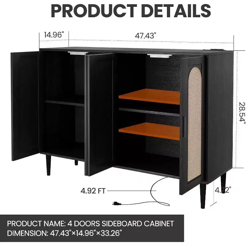 Bahut en rotin avec prise électrique, Meuble de rangement style bohème, Meuble de rangement 4 portes pour salle à manger et salon