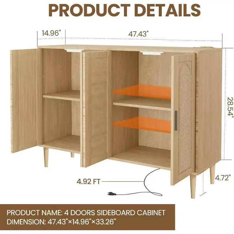 Bahut en rotin avec prise électrique, Meuble de rangement style bohème, Meuble de rangement 4 portes pour salle à manger et salon