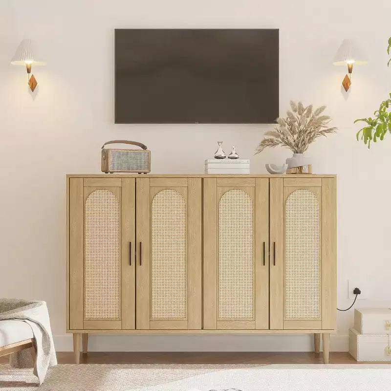 Bahut en rotin avec prise électrique, Meuble de rangement style bohème, Meuble de rangement 4 portes pour salle à manger et salon