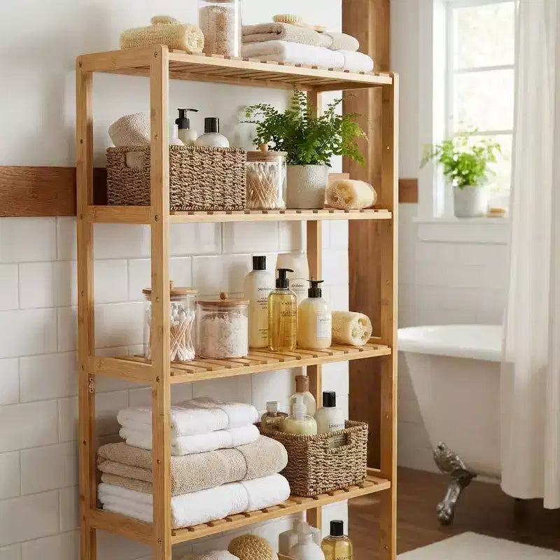 Étagère à 5 niveaux en bambou, support pour plantes large ou étroit avec étagères à lattes, étagère de rangement en bois naturel pour salle de bain, salon, cuisine, chambre à coucher