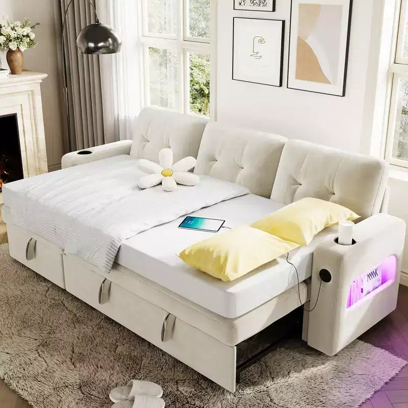 Canapé convertible d'angle en velours – Canapé-lit sectionnel avec rangement, station de charge et lumières LED pour salon