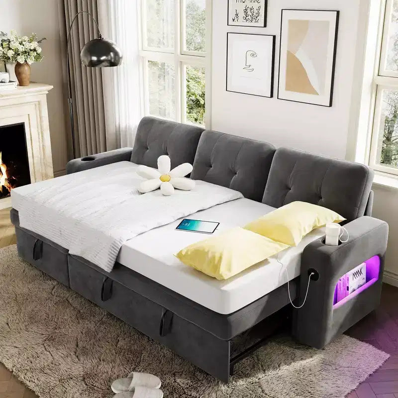 Canapé convertible d'angle en velours – Canapé-lit sectionnel avec rangement, station de charge et lumières LED pour salon