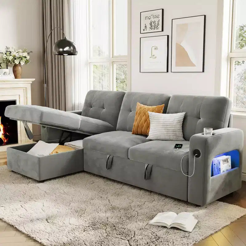 Canapé convertible d'angle en velours – Canapé-lit sectionnel avec rangement, station de charge et lumières LED pour salon