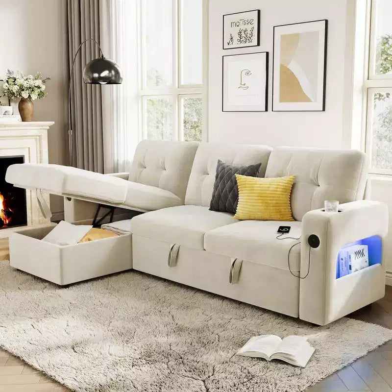 Canapé convertible d'angle en velours – Canapé-lit sectionnel avec rangement, station de charge et lumières LED pour salon