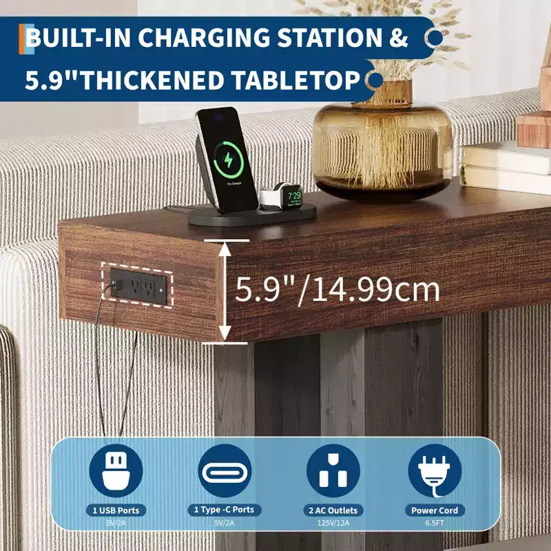 Console de canapé extra longue avec prise de courant, ports USB et Type-C, table d'entrée étroite et fine pour couloir, derrière le canapé ou le salon