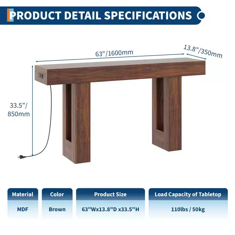 Console de canapé extra longue avec prise de courant, ports USB et Type-C, table d'entrée étroite et fine pour couloir, derrière le canapé ou le salon