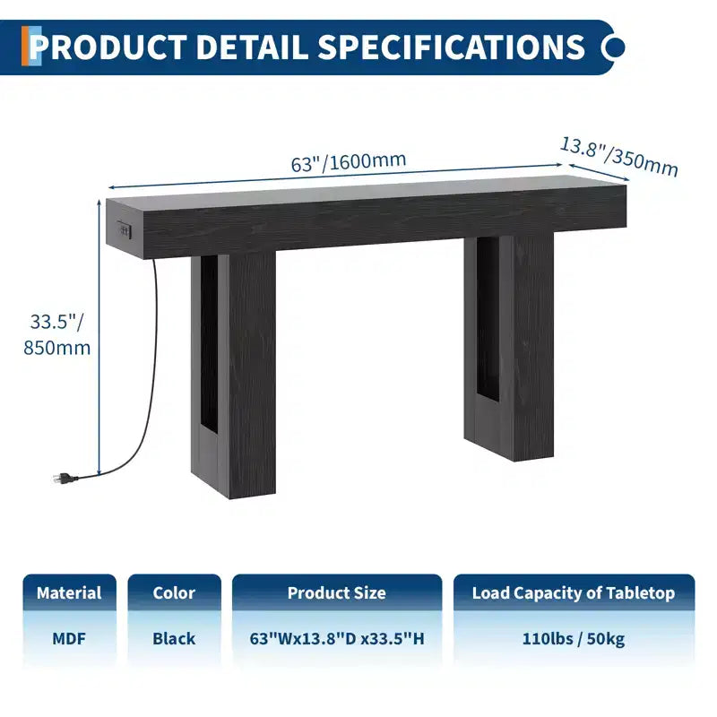 Console de canapé extra longue avec prise de courant, ports USB et Type-C, table d'entrée étroite et fine pour couloir, derrière le canapé ou le salon