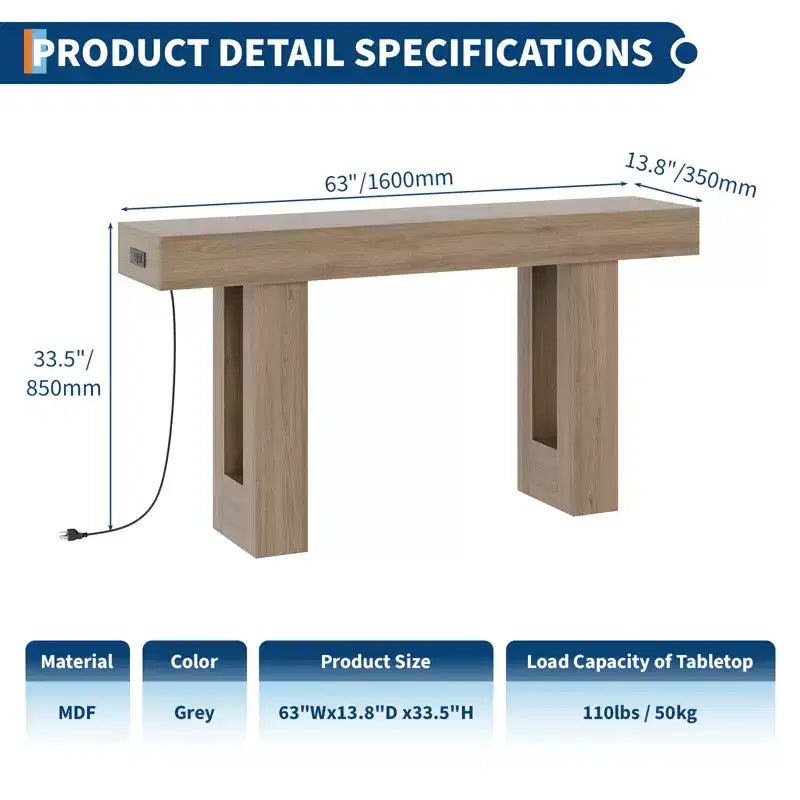 Console de canapé extra longue avec prise de courant, ports USB et Type-C, table d'entrée étroite et fine pour couloir, derrière le canapé ou le salon