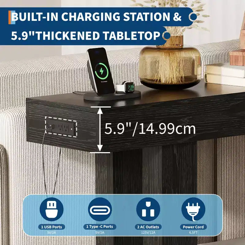 Console de canapé extra longue avec prise de courant, ports USB et Type-C, table d'entrée étroite et fine pour couloir, derrière le canapé ou le salon