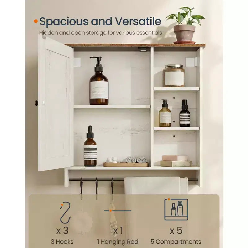 Armoire murale de style campagnard, montage sans outils, meuble à pharmacie avec étagères réglables et porte, blanc rustique et brun miel
