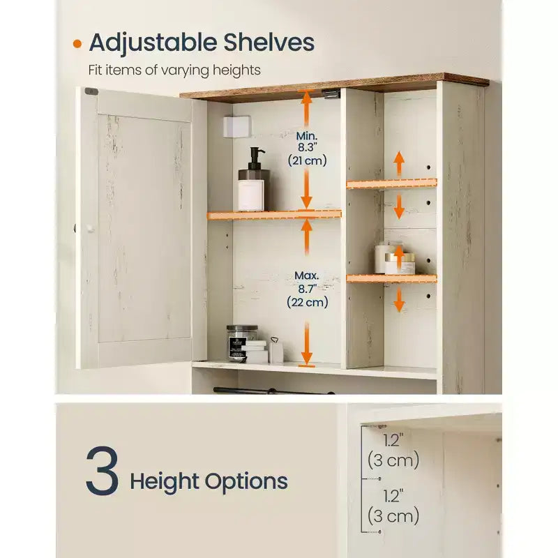 Armoire murale de style campagnard, montage sans outils, meuble à pharmacie avec étagères réglables et porte, blanc rustique et brun miel