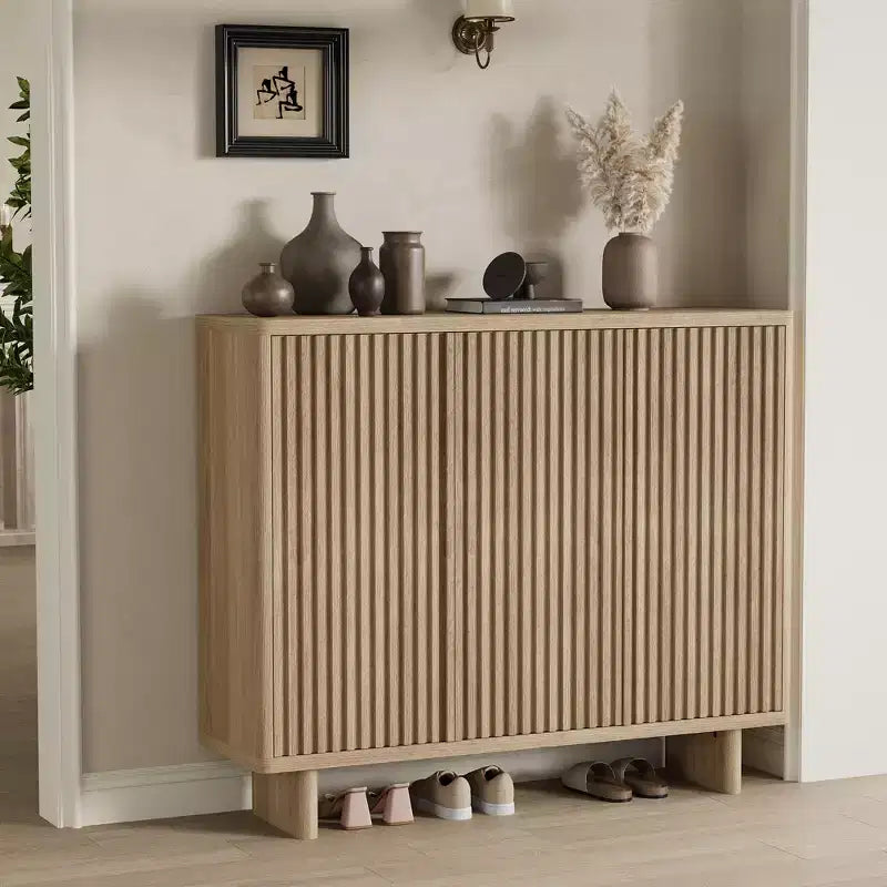 Meuble à chaussures avec porte cannelée, meuble de rangement à 5 niveaux, banc d'entrée rustique pour couloir