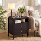 Table de chevet noire avec station de charge, 2 tiroirs et étagère ouverte, table de chevet moderne en bois avec poignées métalliques pour chambre à coucher/salon/bureau
